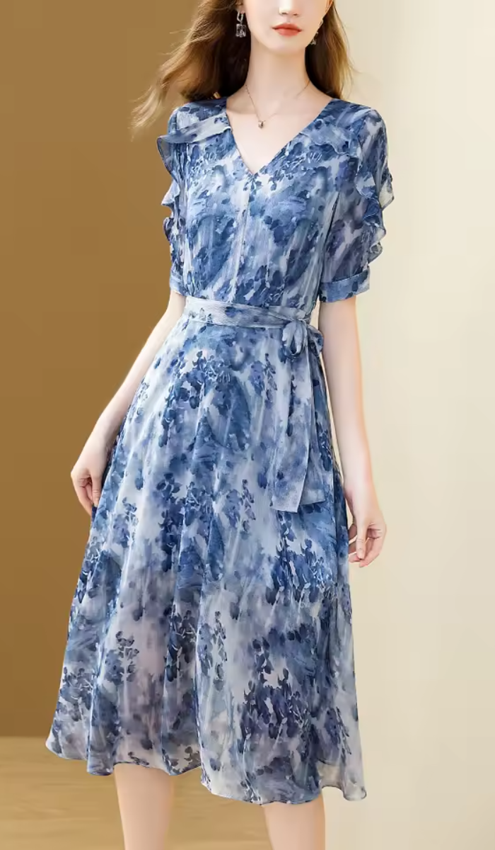 Floral Printing Chiffon V-Neck Elegant Fashion Office A-line Party Slim Midi Dresses - Image 2