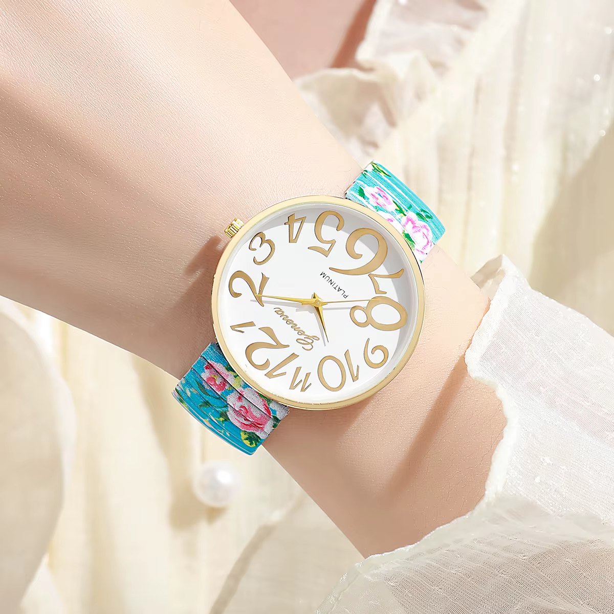 Flowers Printed Luxury Elastic Strap Arabic Quartz Watches