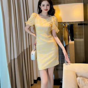 Formal Fashion Pencil Short Print Retro Puff Sleeve Street Clothes Slim Mini Party Dress