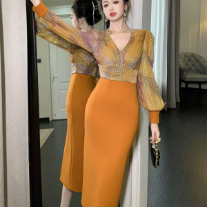 Formal Style Occasion Elegant Office V-Neck High Waist Slim Midi Pencil Dress