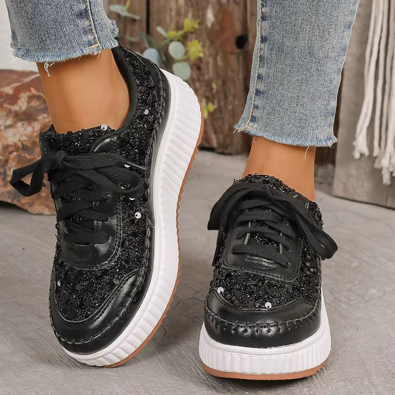 Glitter Lace Up Plus Size Thick Bottom Walking Platform Sneakers Sports Shoes