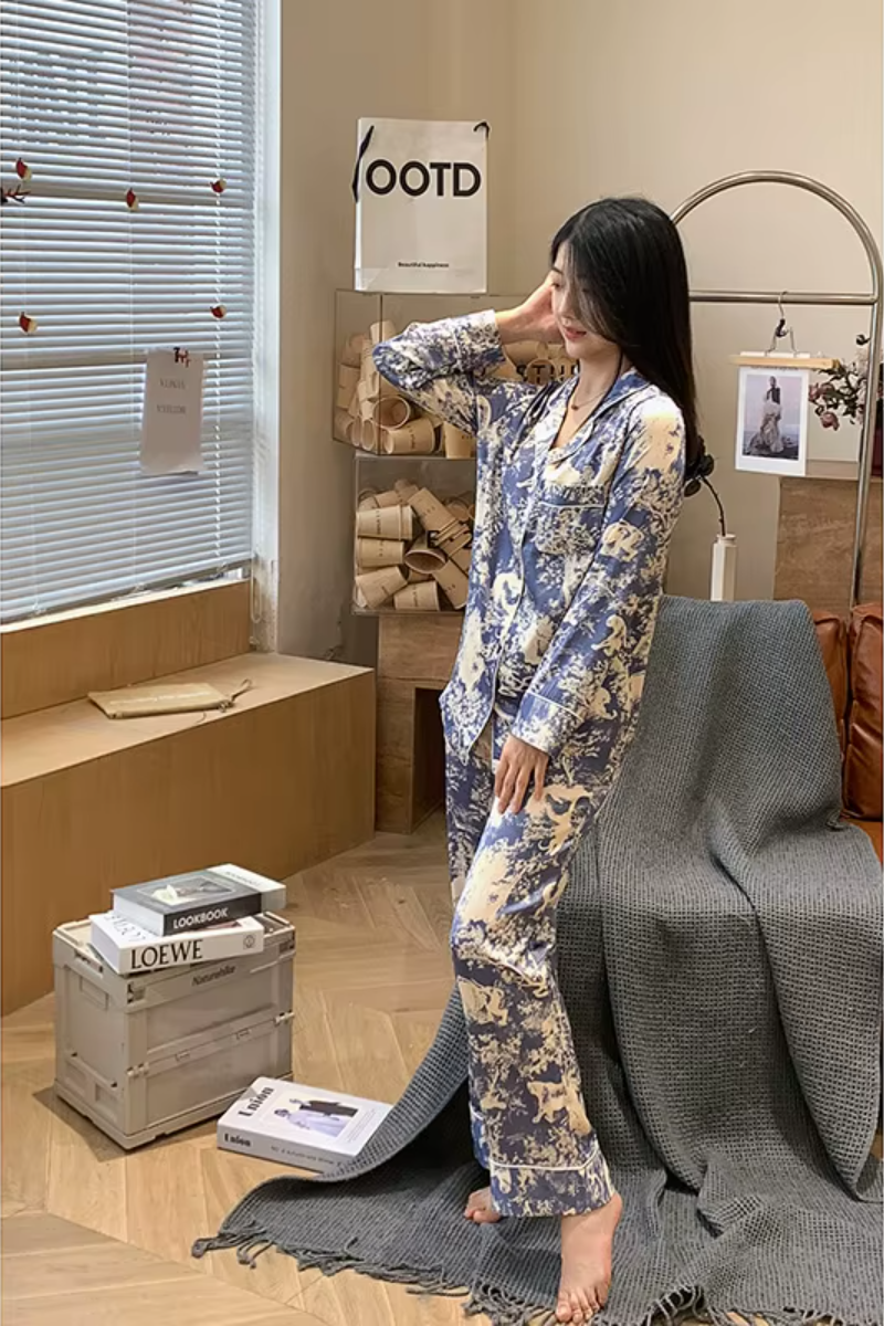 High-grade Ice Silk Satin Loose Comfortable Thin Print Sleepwear Sets - Image 8