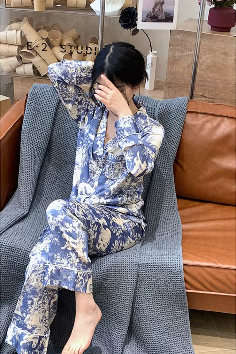 High-grade Ice Silk Satin Loose Comfortable Thin Print Sleepwear Sets - Image 7