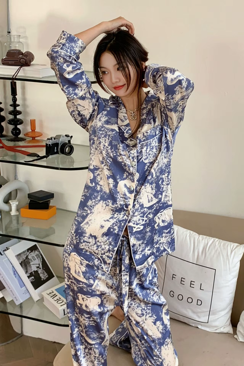 High-grade Ice Silk Satin Loose Comfortable Thin Print Sleepwear Sets - Image 6