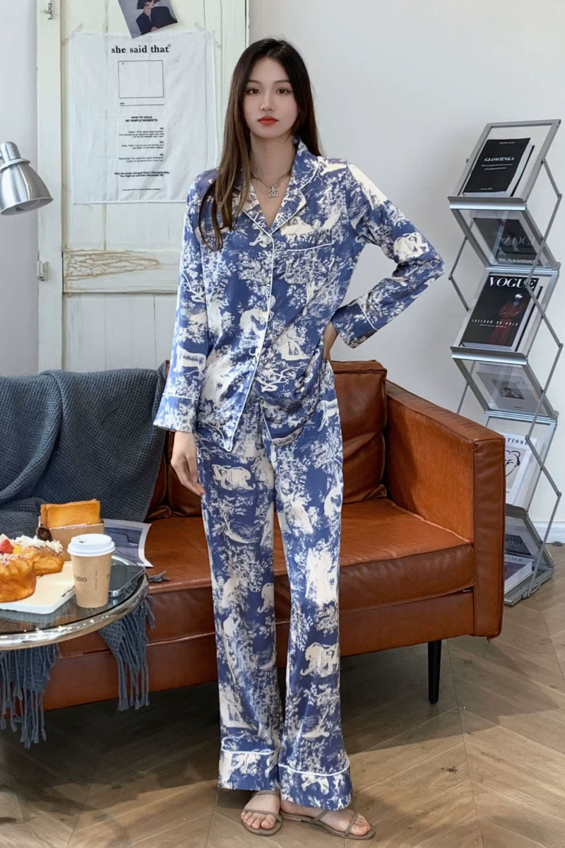 High-grade Ice Silk Satin Loose Comfortable Thin Print Sleepwear Sets