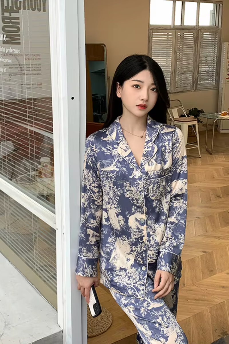 High-grade Ice Silk Satin Loose Comfortable Thin Print Sleepwear Sets - Image 4