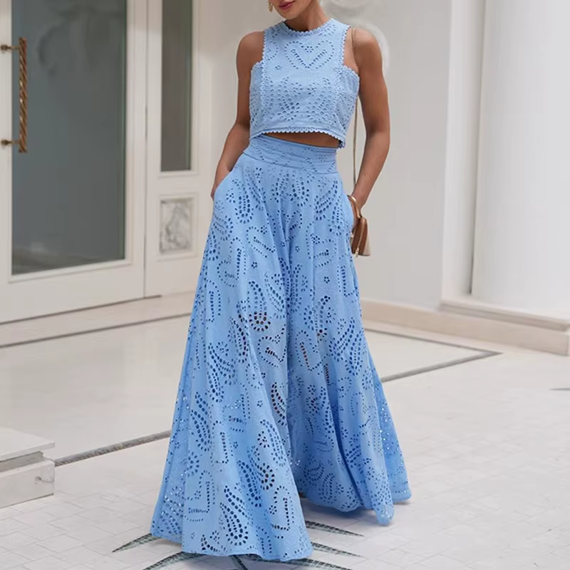 Hollow Embroidery Temperament O Neck Sleeveless Vest Skirt Set