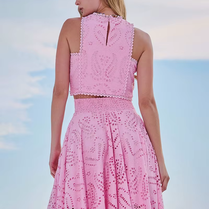 Hollow Embroidery Temperament O Neck Sleeveless Vest Skirt Set - Image 5