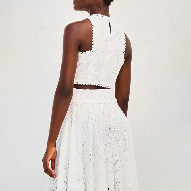 Hollow Embroidery Temperament O Neck Sleeveless Vest Skirt Set - Image 7