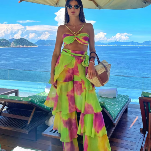 Hollow Out Wide Leg Print 2 Piece Bikini Set With Pants Pleated Bra High Waist Pants Suit