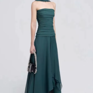 Irregular Patchwork Design Halter Neck Sleeveless Backless Folds Slim Long Dress