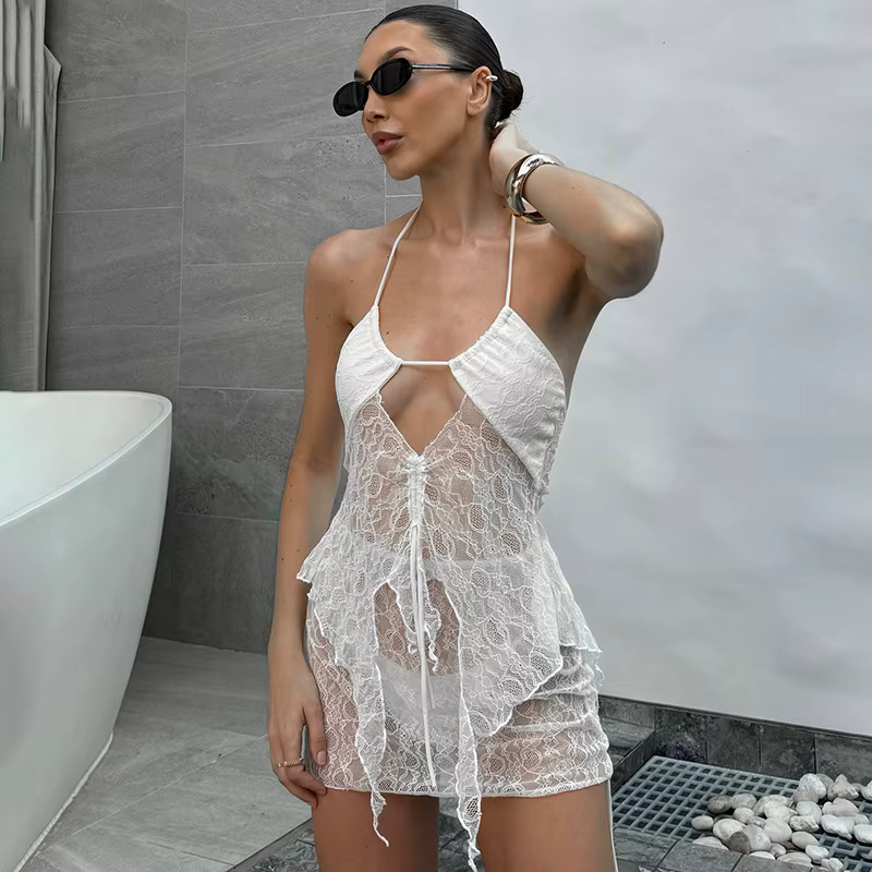 Lace Halter Hanging Neck Hollow Out Beach Holiday Mini Dress Two Piece Set
