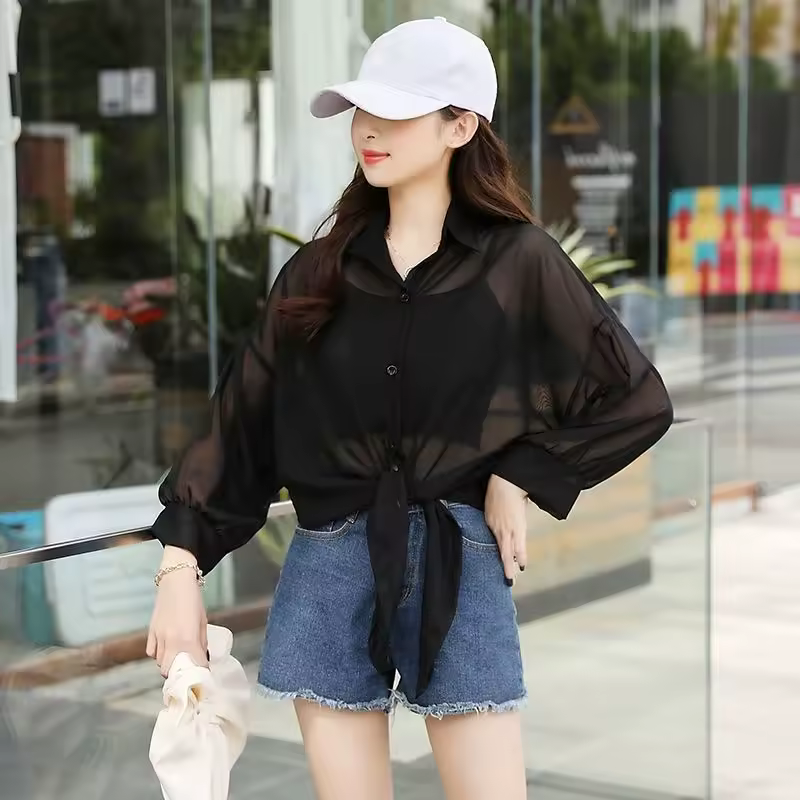 Lace Up Cardigan Long Sleeve Sun Protection Air Plus Size Chiffon Shirt Top