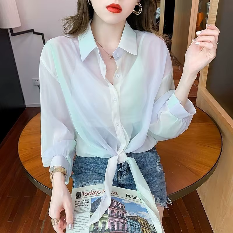 Long Sleeve Sun Protection Lace Up Beach Style Chiffon Shirt Top