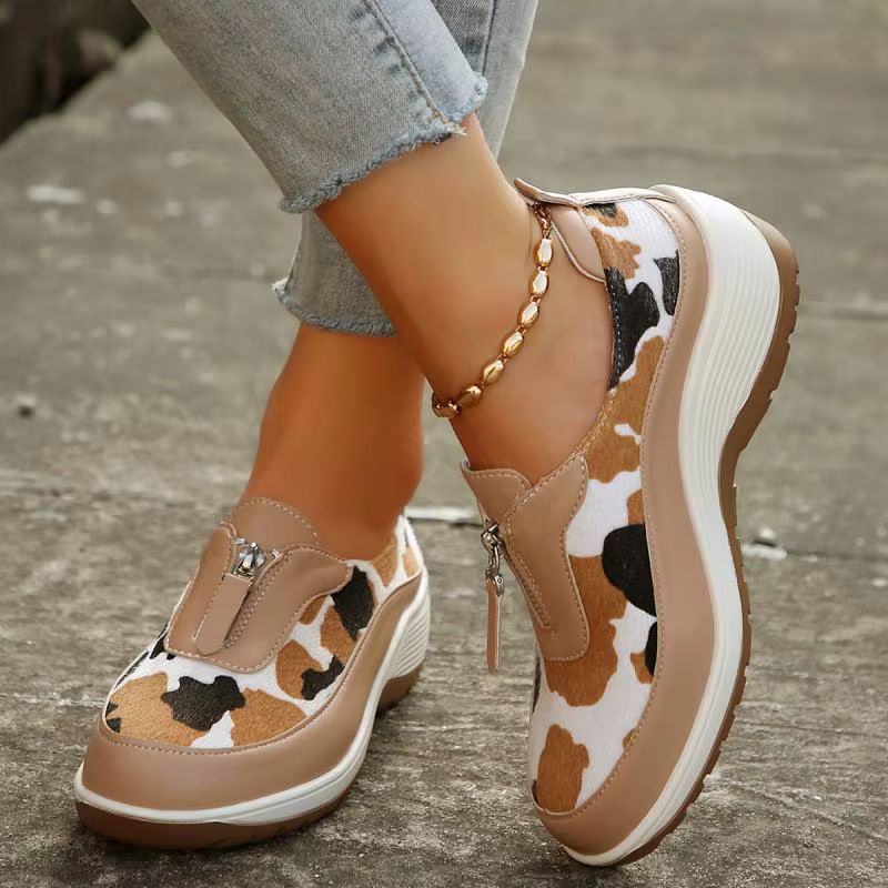 Leopard Print Front Zipper Wedge Sneakers Platform Shoes - Image 2