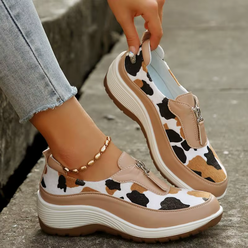 Leopard Print Front Zipper Wedge Sneakers Platform Shoes - Image 3