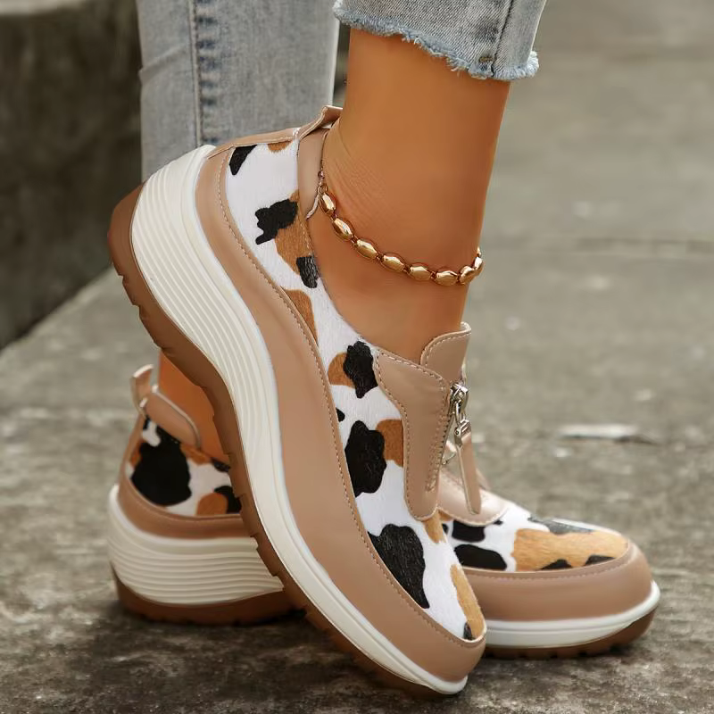 Leopard Print Front Zipper Wedge Sneakers Platform Shoes - Image 4