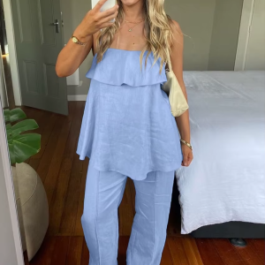 Loose Cotton Sleeveless Tank Top With High Waist Wide Pants 2 Piece Sets