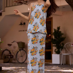 Loose Print Fashion Sleeveless Tank Top With High Waist Long Skirt Two Pieces Set