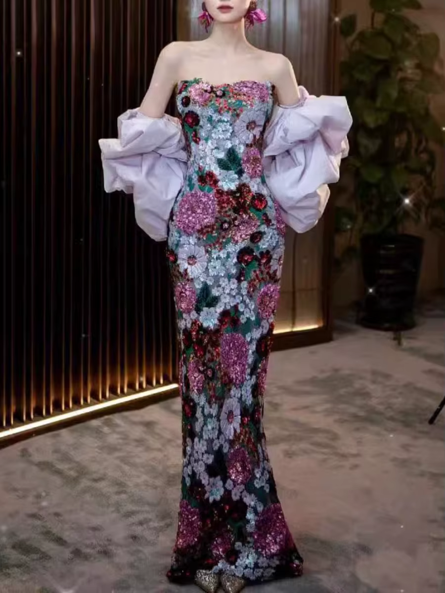 Luxurious Strapless Sleeveless Patchwork Sequins Tunic Maxi Dress