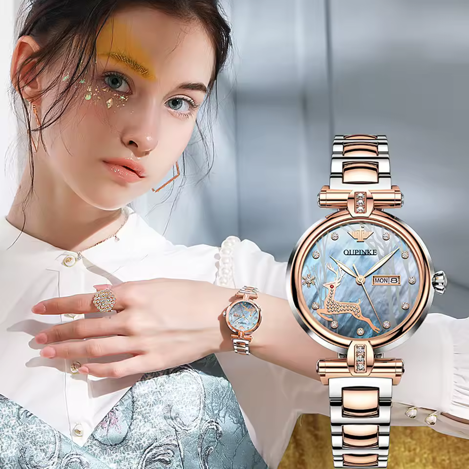 Luxury Automatic Mechanical Tungsten Steel Watchstrap Waterproof Day-Date Watch With Box