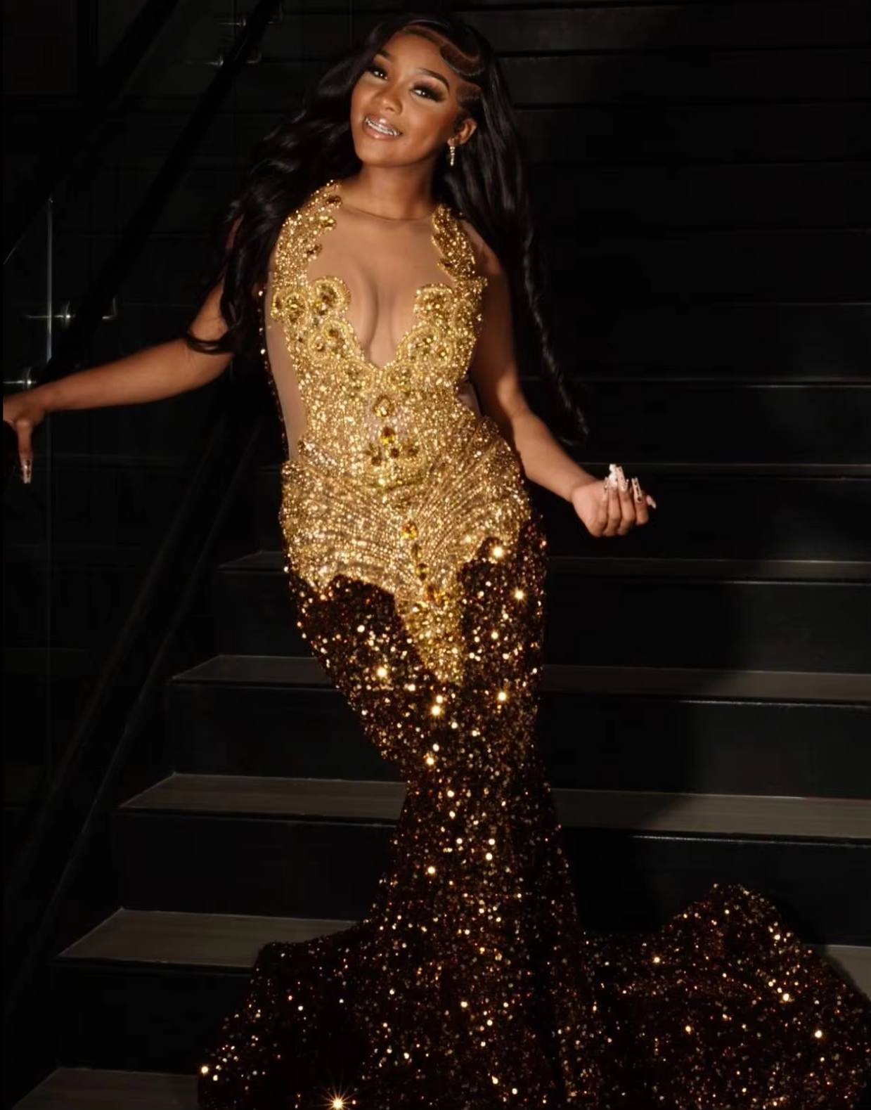 Luxury Diamond Crystal Sequin Long Mermaid Wedding Party Dress - Image 3