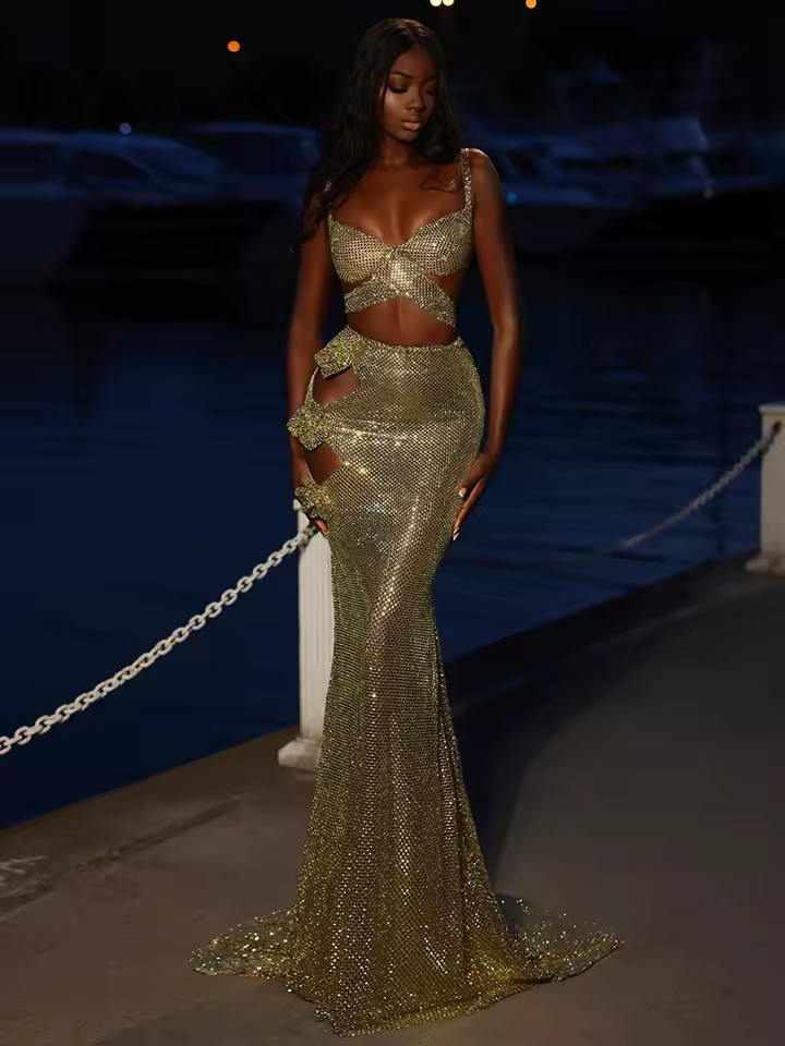 Luxury Hole Diamonds Gold 3D Structured Flowers Maxi Long Dress - Image 3