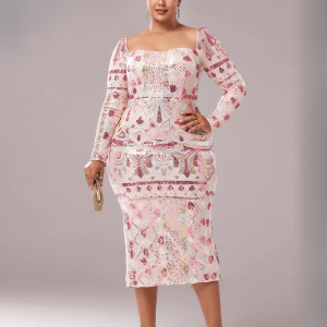 Luxury Plus Size Square Neck Geometric Sequin Formal Dress