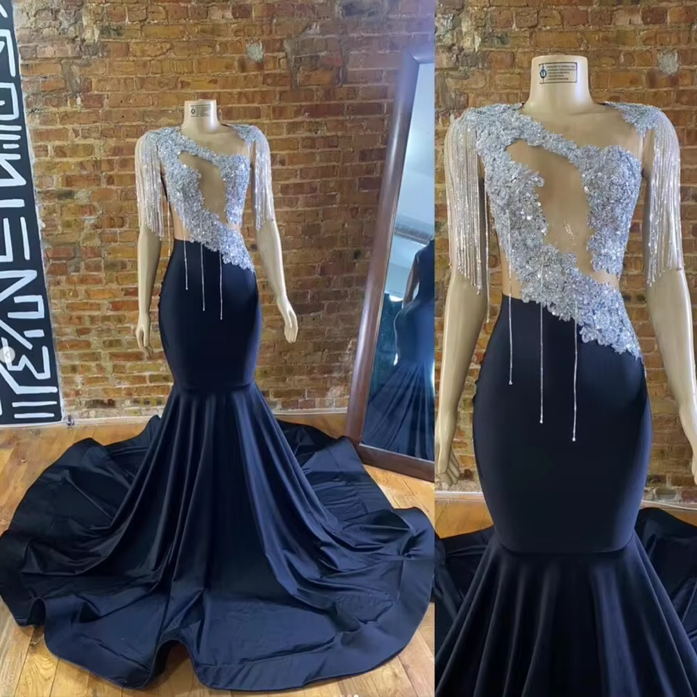 Luxury Rhinestone Applique Sheer Long Wedding Party Prom Dress - Image 2