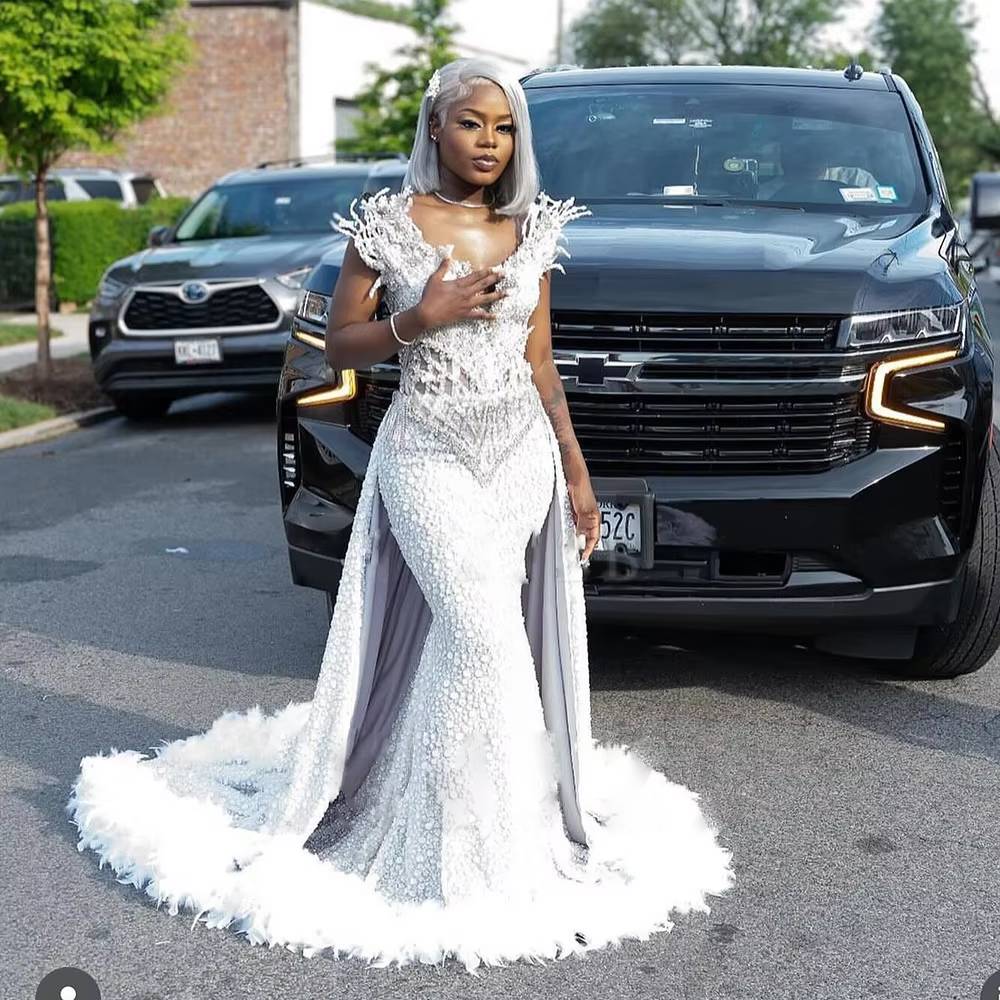 Luxury Rhinestone Diamond Mermaid Feather Sleeveless Long Party Prom Dress