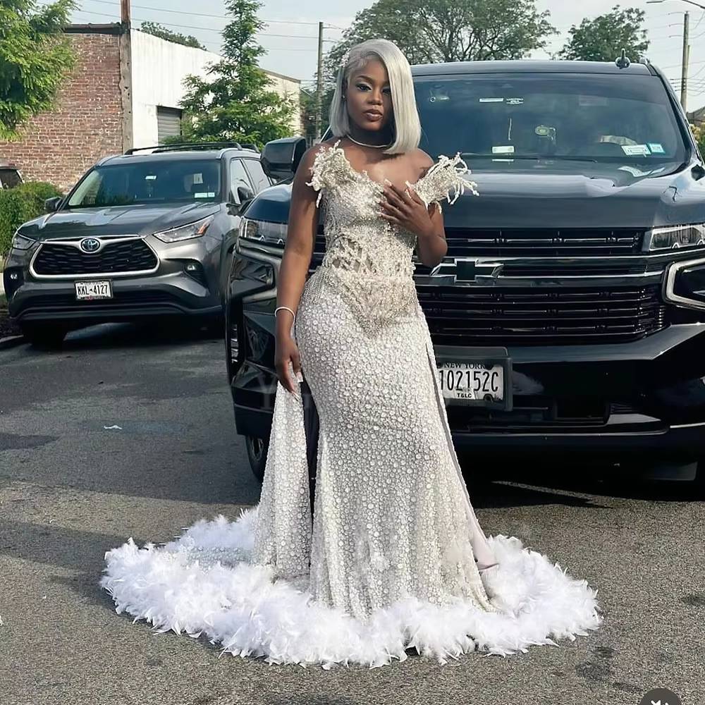 Luxury Rhinestone Diamond Mermaid Feather Sleeveless Long Party Prom Dress - Image 3