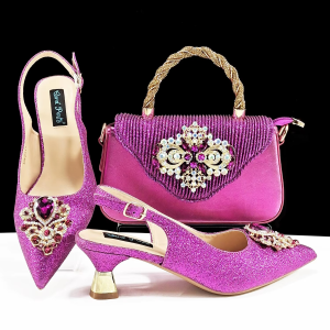 Luxury Rhinestone High Heels for Party Wedding Pointed Toe Shoe Bag Set
