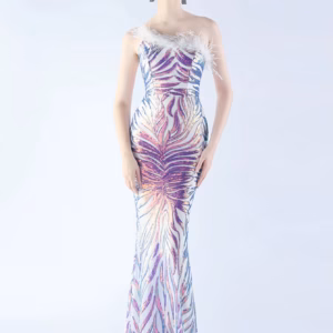 Luxury Sequin Diagonal collar One-Shoulder Backless Maxi Dresses