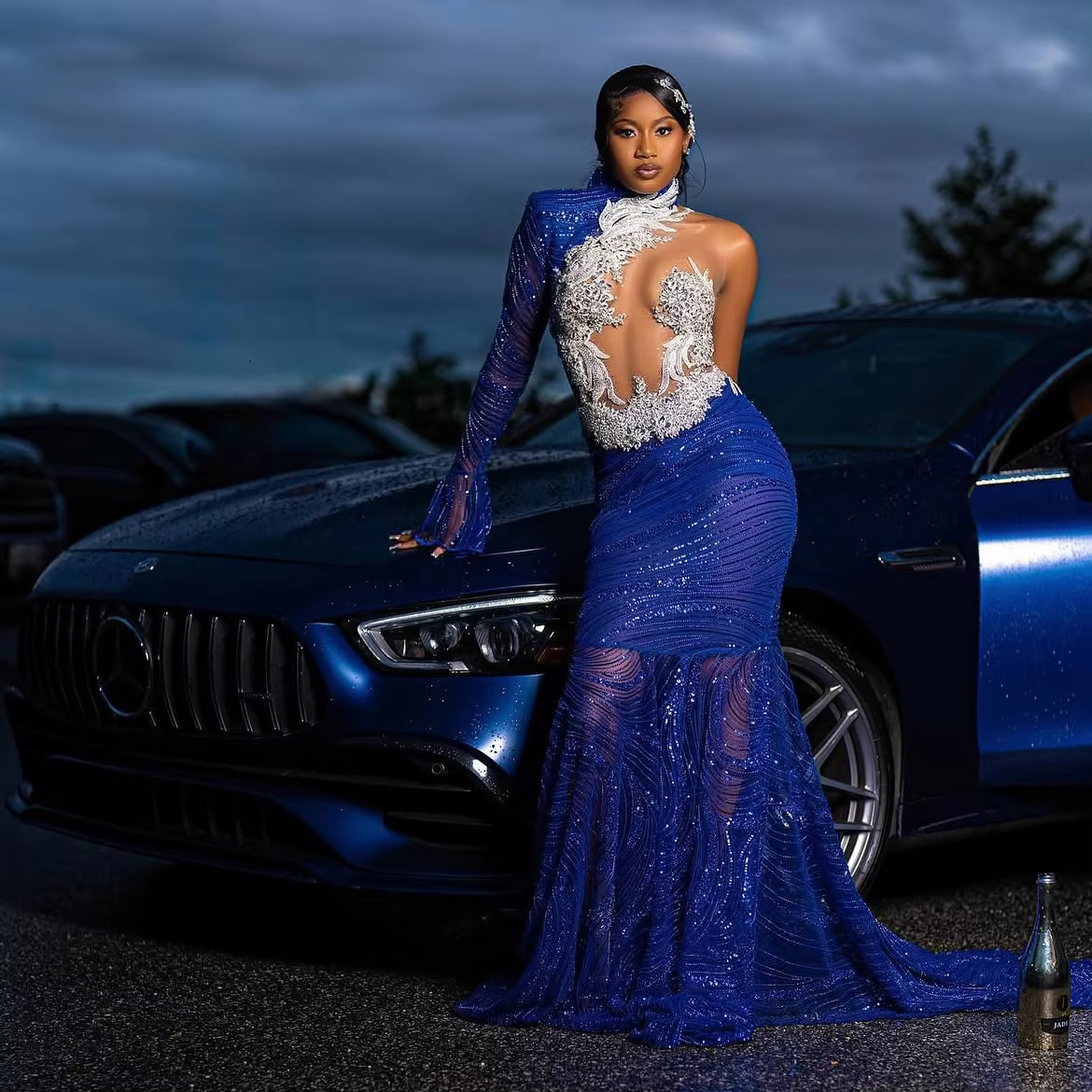 Luxury Sheer One Shoulder Mermaid Glitter Beaded Long Prom Dress