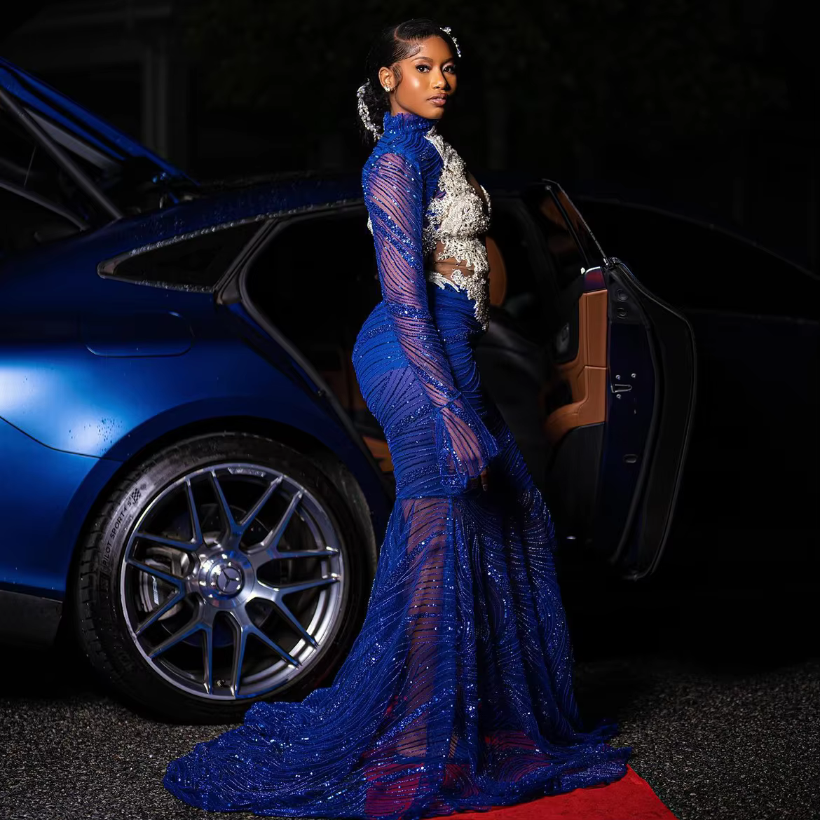 Luxury Sheer One Shoulder Mermaid Glitter Beaded Long Prom Dress - Image 4