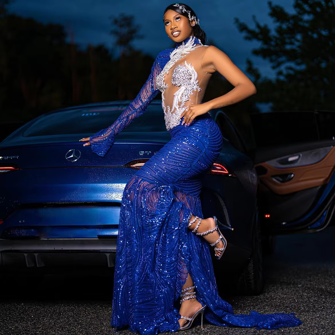 Luxury Sheer One Shoulder Mermaid Glitter Beaded Long Prom Dress - Image 3