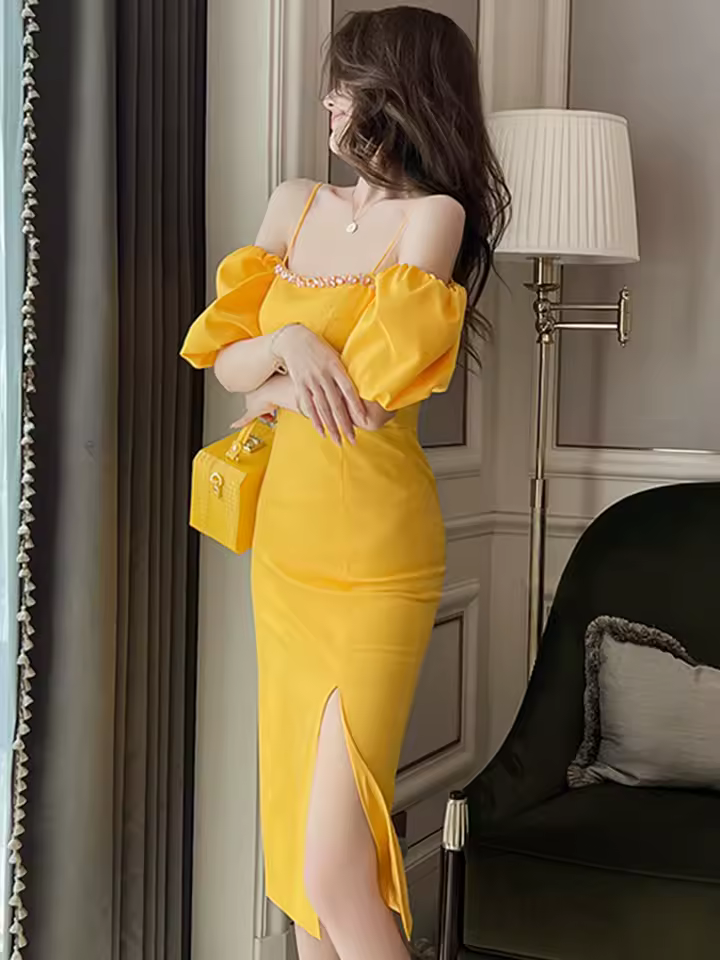 Luxury Sparkly slash neck diamonds Off-Shoulder Slim Slit Midi Dress - Image 2