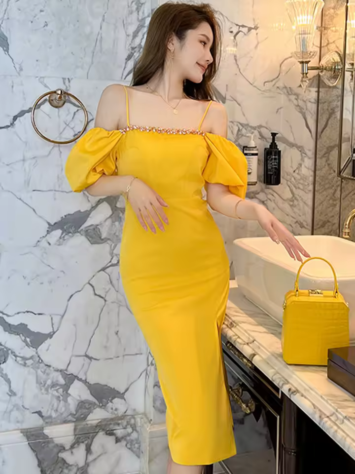 Luxury Sparkly slash neck diamonds Off-Shoulder Slim Slit Midi Dress