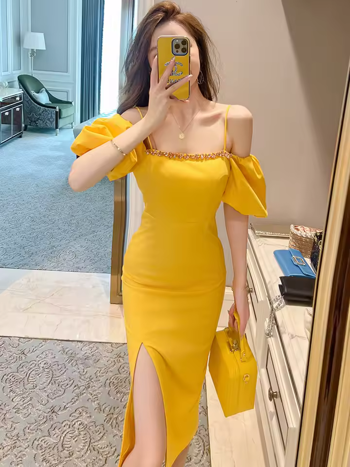 Luxury Sparkly slash neck diamonds Off-Shoulder Slim Slit Midi Dress - Image 3