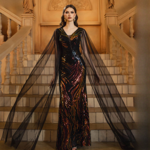 Luxury V Neck Mesh Sleeve Sequin Mermaid Formal Maxi Dresses