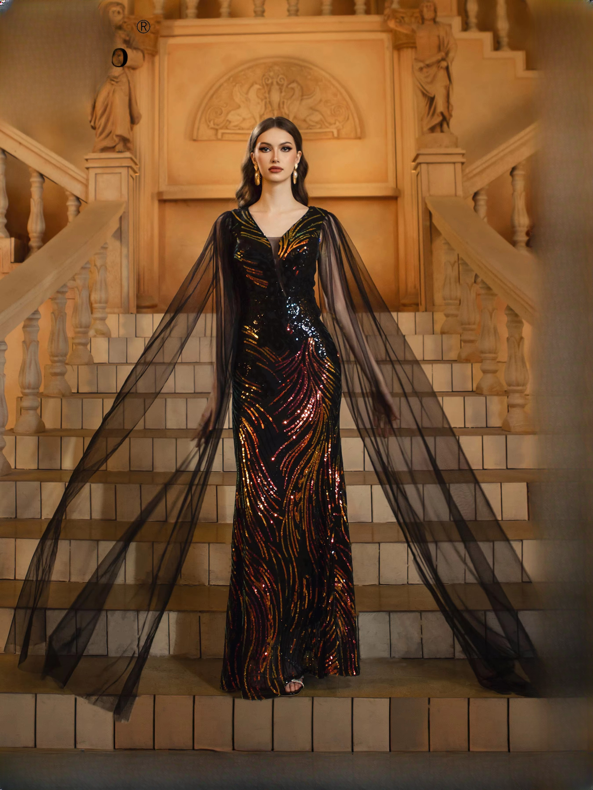 Luxury V Neck Mesh Sleeve Sequin Mermaid Formal Maxi Dresses