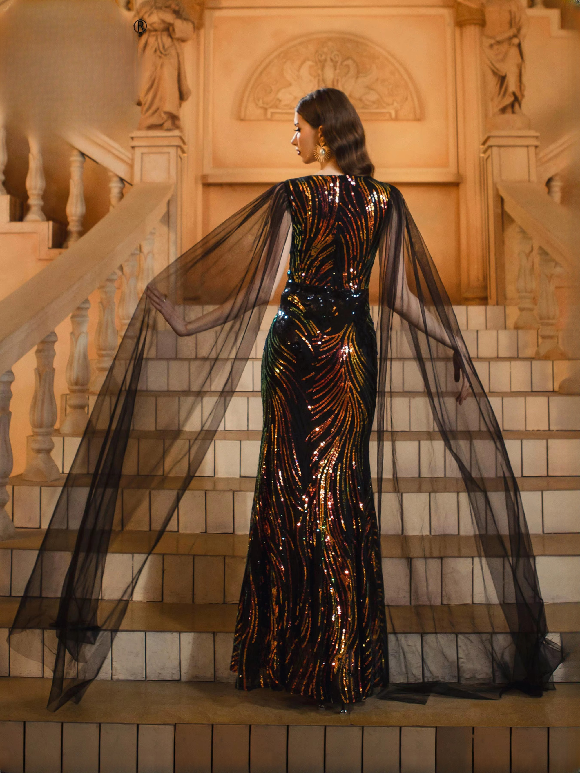 Luxury V Neck Mesh Sleeve Sequin Mermaid Formal Maxi Dresses - Image 7