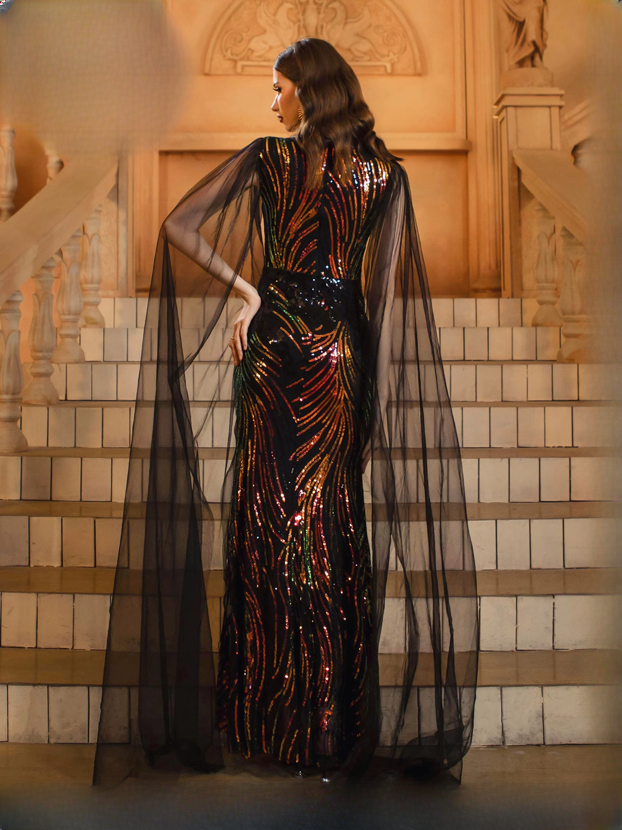 Luxury V Neck Mesh Sleeve Sequin Mermaid Formal Maxi Dresses - Image 5