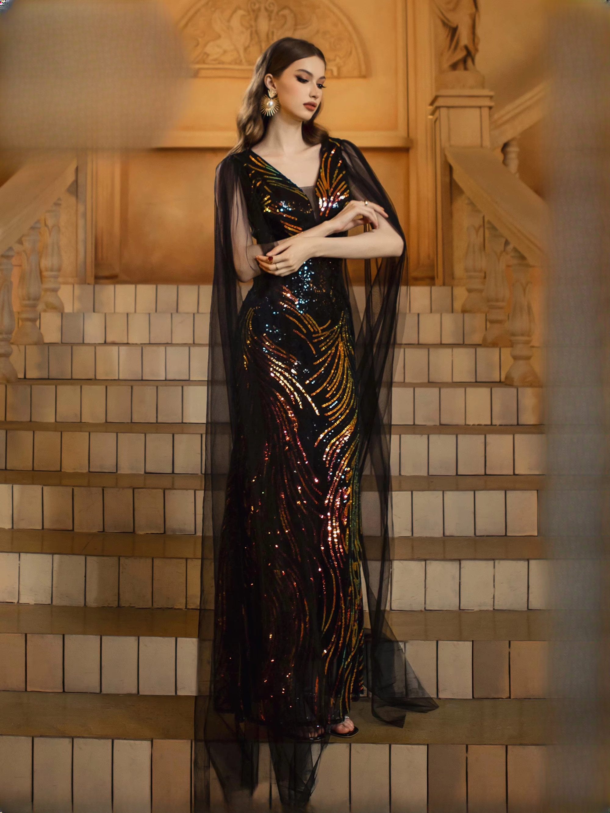 Luxury V Neck Mesh Sleeve Sequin Mermaid Formal Maxi Dresses - Image 2