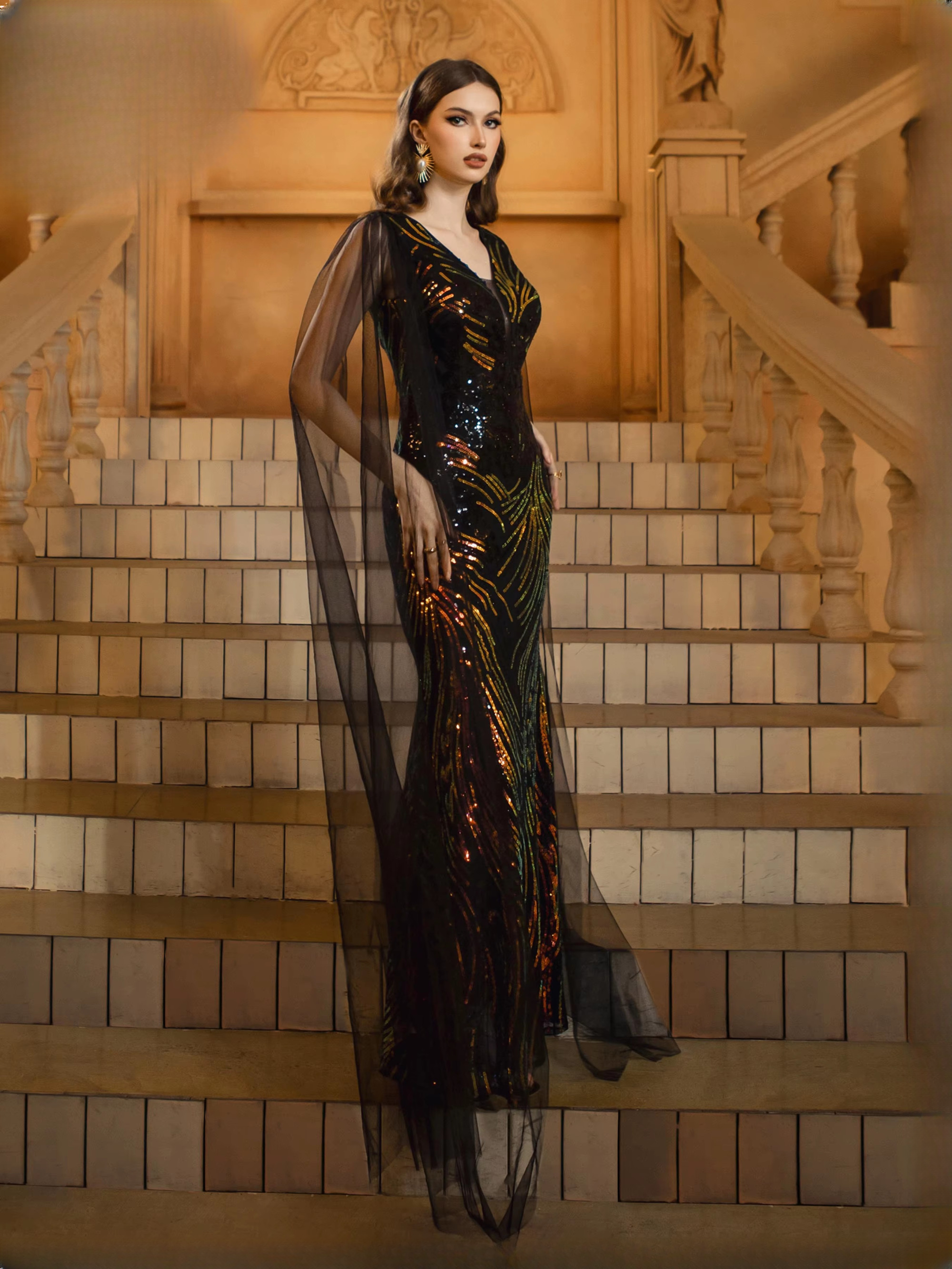 Luxury V Neck Mesh Sleeve Sequin Mermaid Formal Maxi Dresses - Image 3