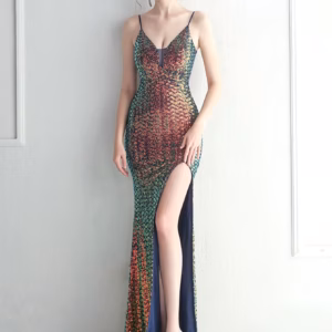 Luxury V-Neck Slip Floor-Length Spaghetti Strap Sequin Maxi Dresses