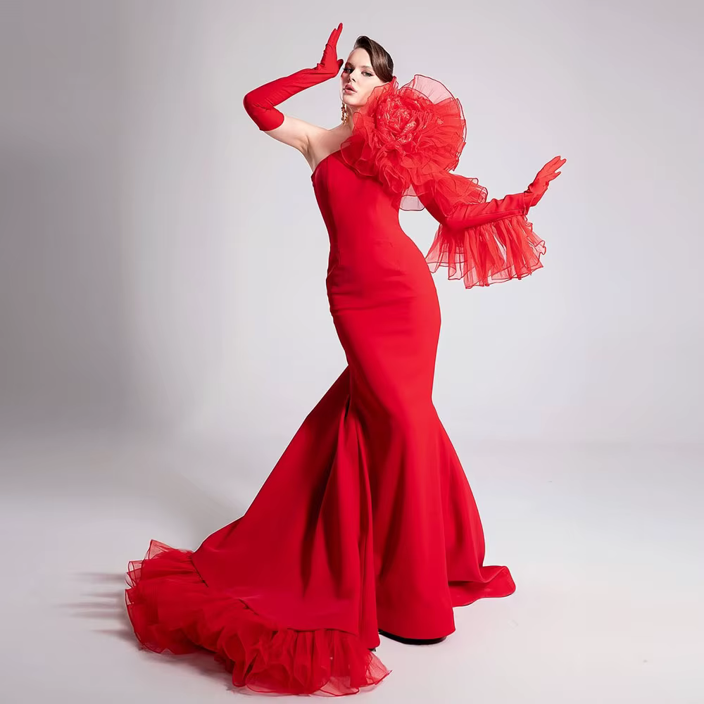 Mermaid One Shoulder Handmade Flower Details Pretty Long Evening Dresses