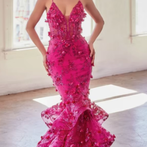 Mermaid Sleeveless Floor-Length F Flowers Spaghetti Strap Maxi Dress