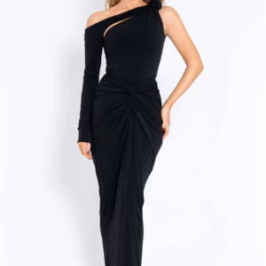 One Shoulder Backless Hollow Out Single Sleeve Ruched Bodycon Club Party Long Dress