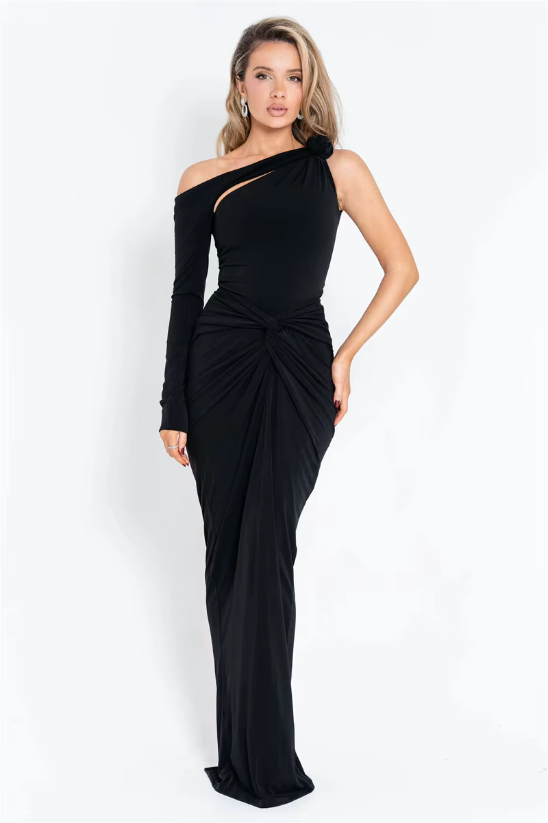 One Shoulder Backless Hollow Out Single Sleeve Ruched Bodycon Club Party Long Dress